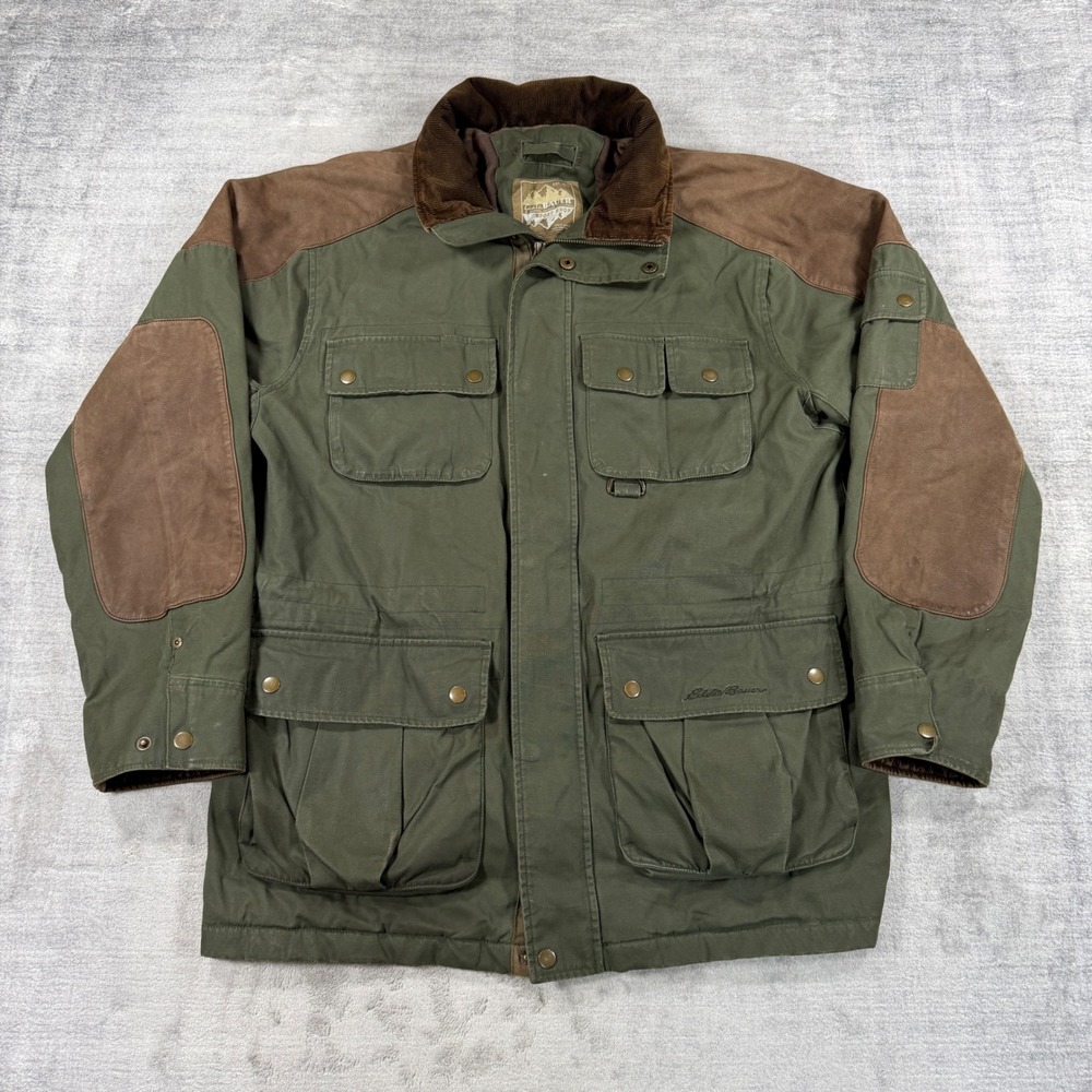 Eddie Bauer Jacket Mens Medium Green Vintage Hunting Shooting Leather Trim Chore